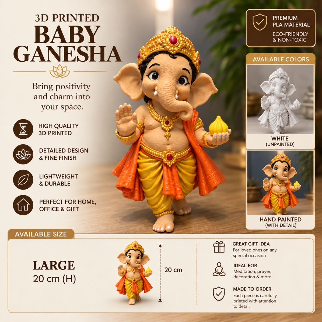 Baby Ganesha 3D printed statue, 20 cm hand-painted and white unpainted options