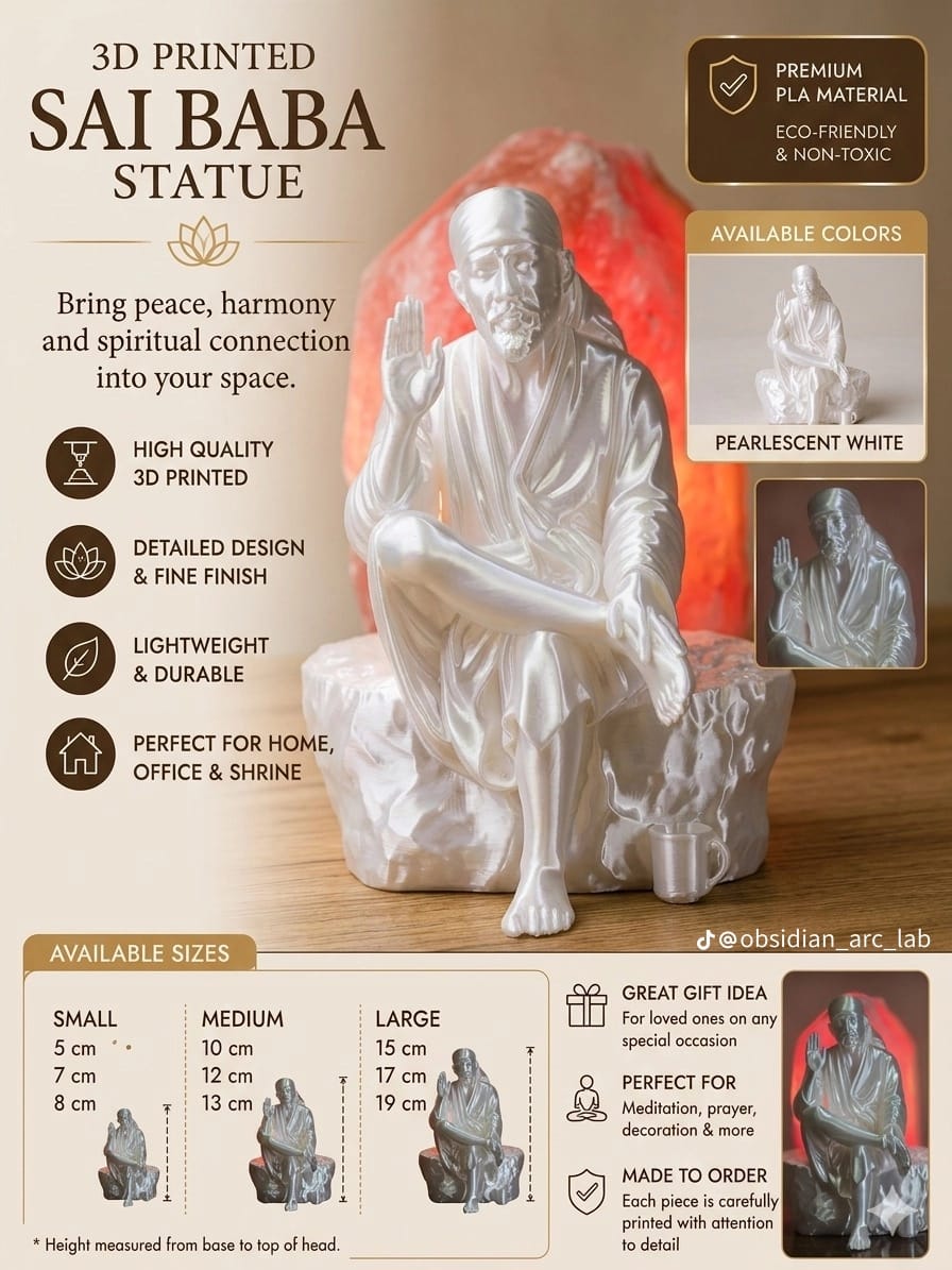 Sai Baba 3D printed statue with available sizes and finishes